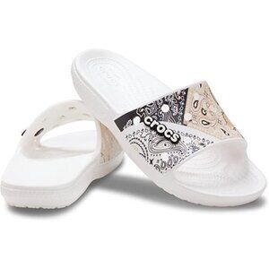 Crocs- White Chai Bandana Slides Black and Cream Patterned Shoes M4 W6 Summer